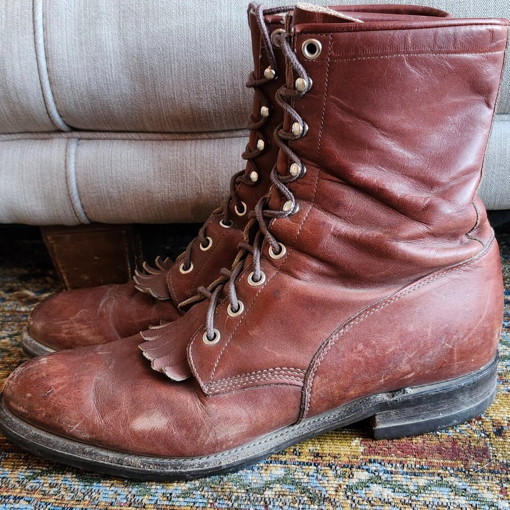 Justin Women's Western Keltie Brown Leather Lace Up Ankle Boots Round Toe 8D/9.5
